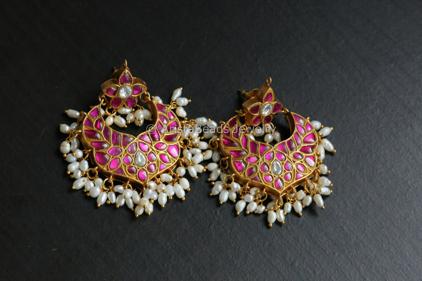 Handmade Jadau Kundan Chandbaali With Rice Pearls