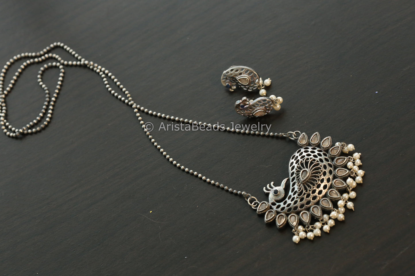 Oxidized Peacock Necklace Set - Peach