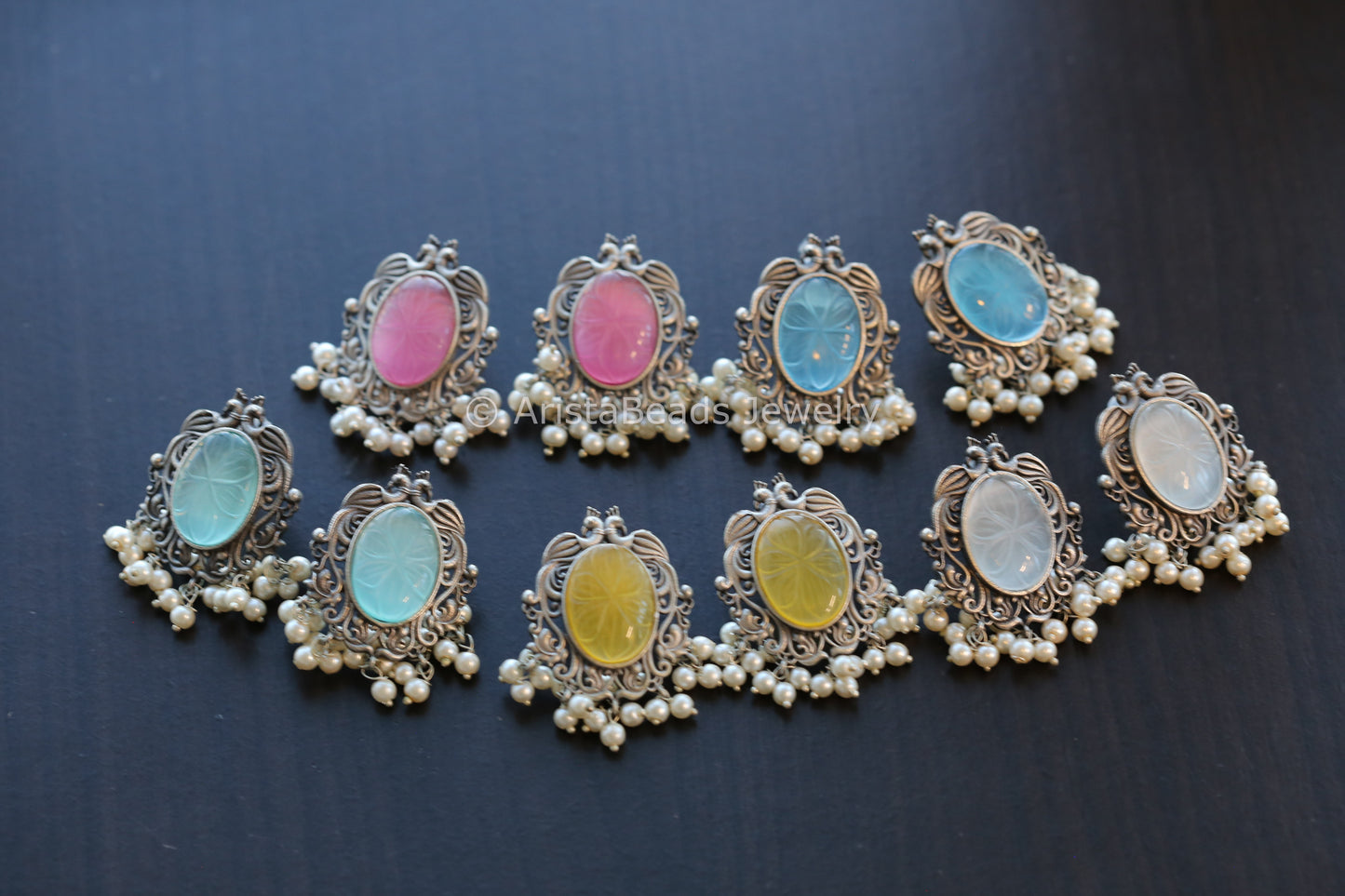 Carved Stone Oxidized Studs