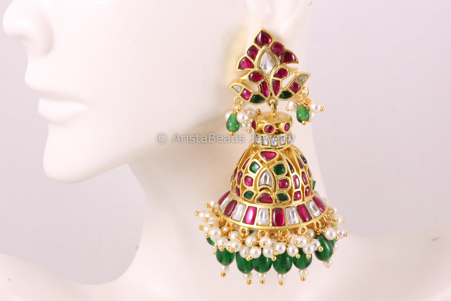 Handmade Jadau Ruby Emerald Kundan Jhumka