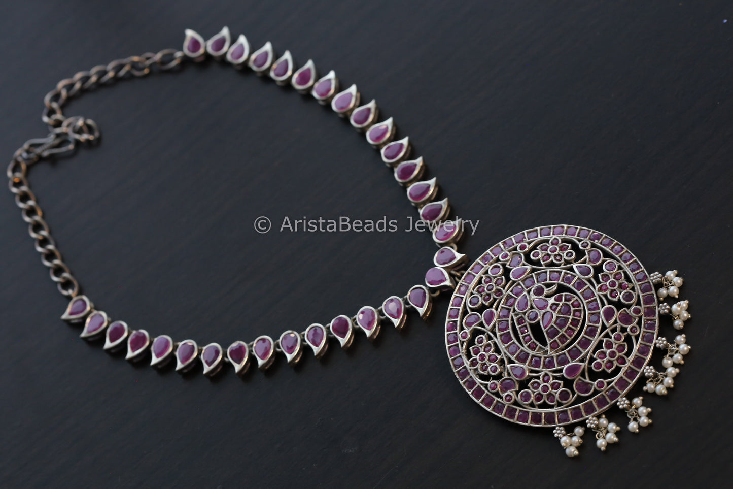 Jadau Look Alike Oxidized CZ Peacock Necklace - Ruby