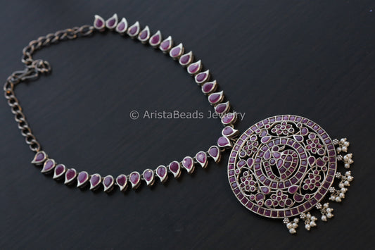 Jadau Look Alike Oxidized CZ Peacock Necklace - Ruby