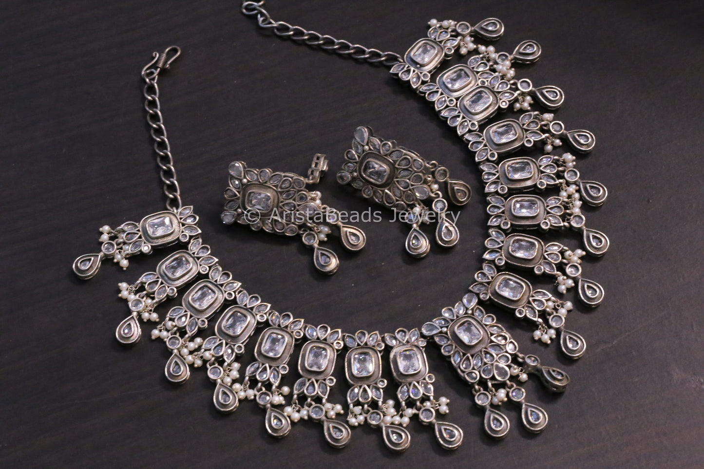 Silver Tone Oxidized Necklace Set - Clear