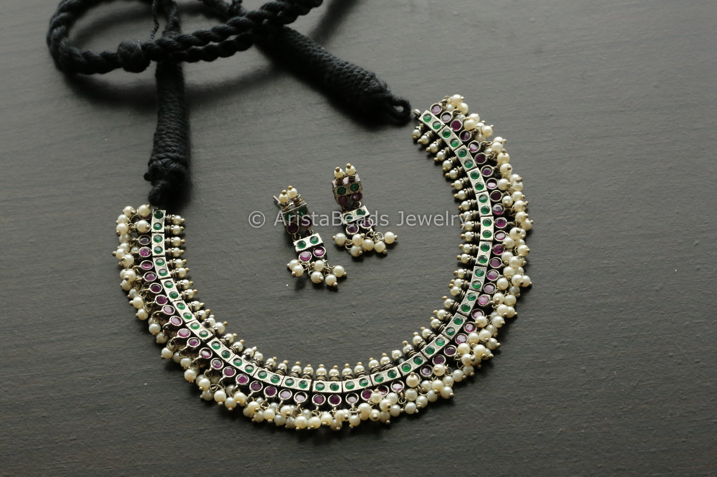 Ruby Green CZ & Pearls Oxidized Necklace Set