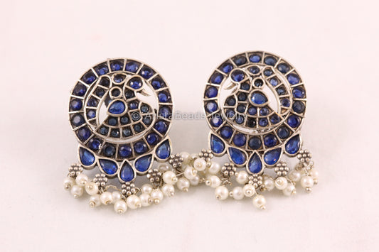 Jadau Look CZ Oxidized Earrings -Blue