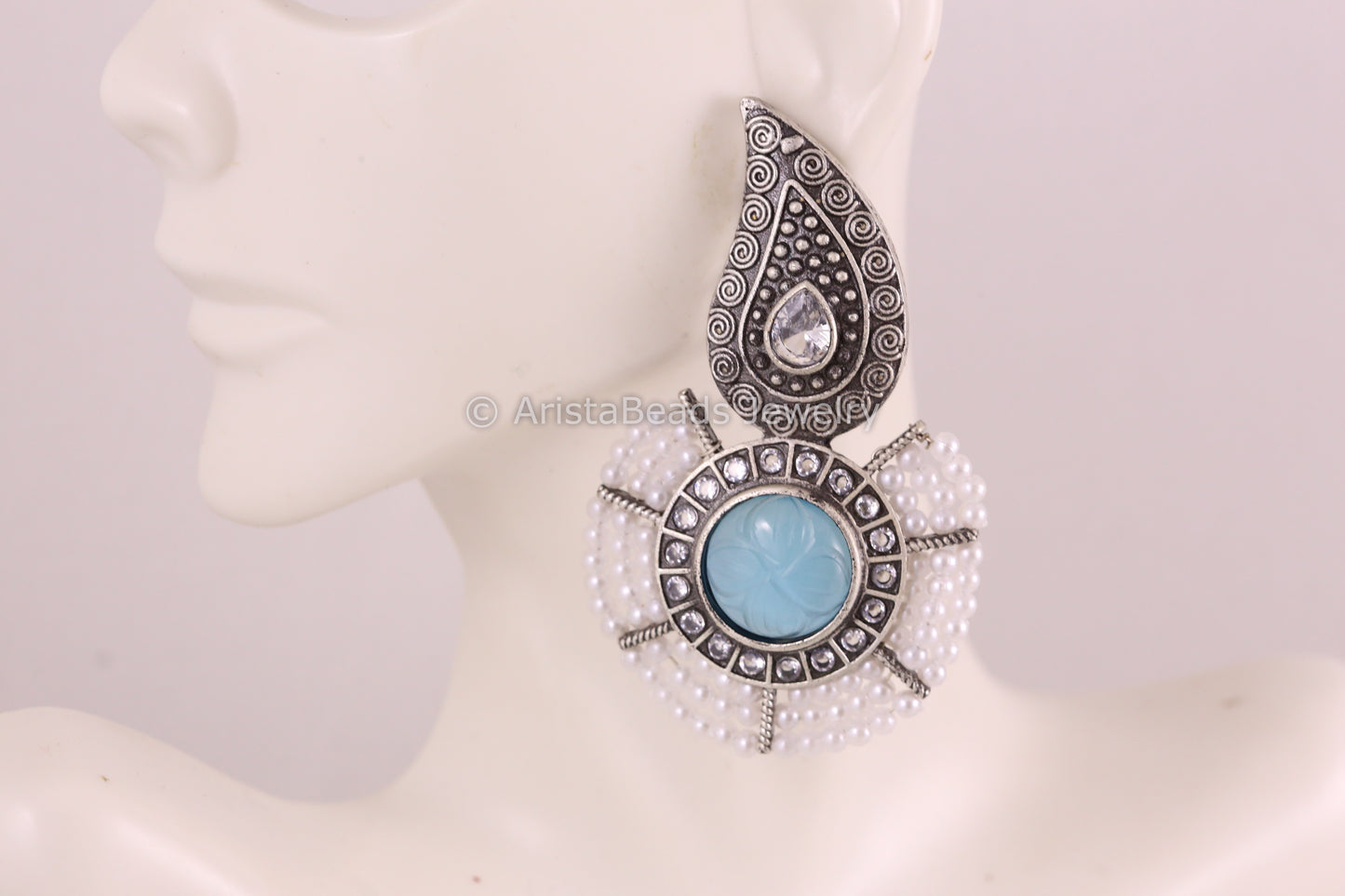 Carved Stone Silver Look Earrings - Blue