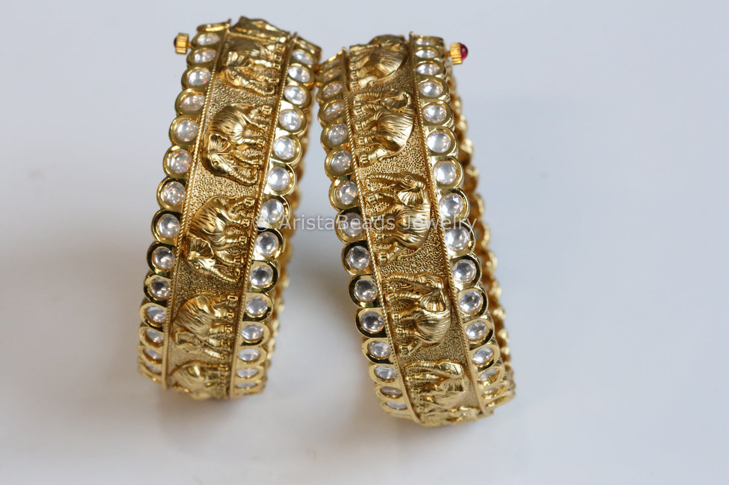 Kundan Polki Matt Gold Elephant Bangle Set (Screw)