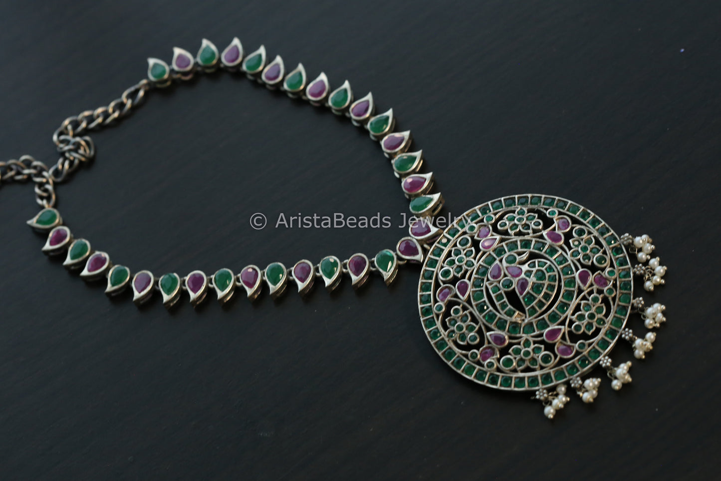 Jadau Look Alike Oxidized CZ Peacock Necklace - Multi Color