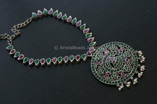 Jadau Look Alike Oxidized CZ Peacock Necklace - Multi Color