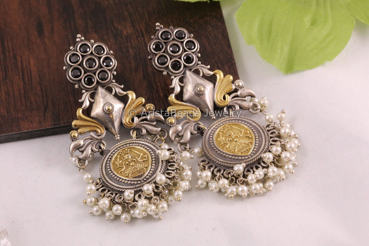 Dual Tone Black Stone Earrings