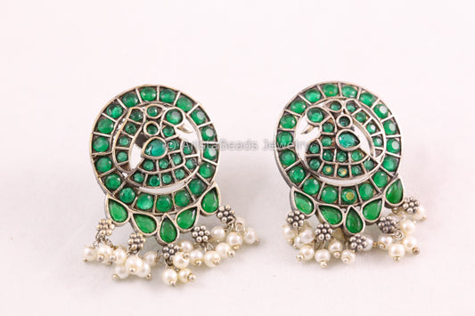 Jadau Look CZ Oxidized Earrings -Green
