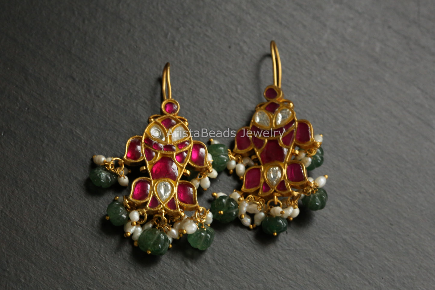 Silver Look Alike Kundan Earrings With Rice Pearls - Ruby