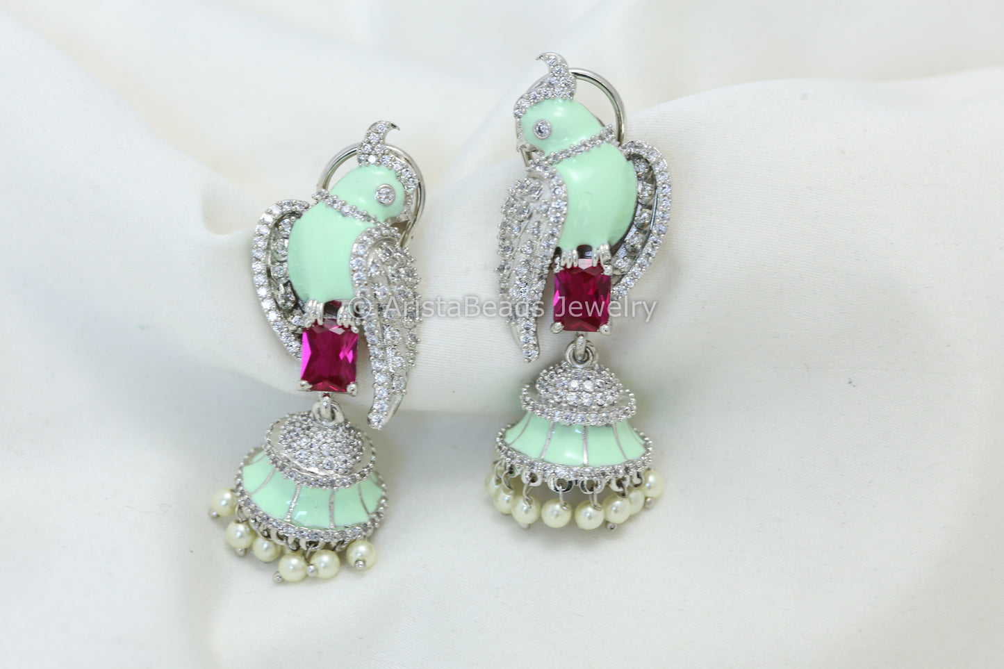 Glazed Enamel Bird Jhumka - Mint