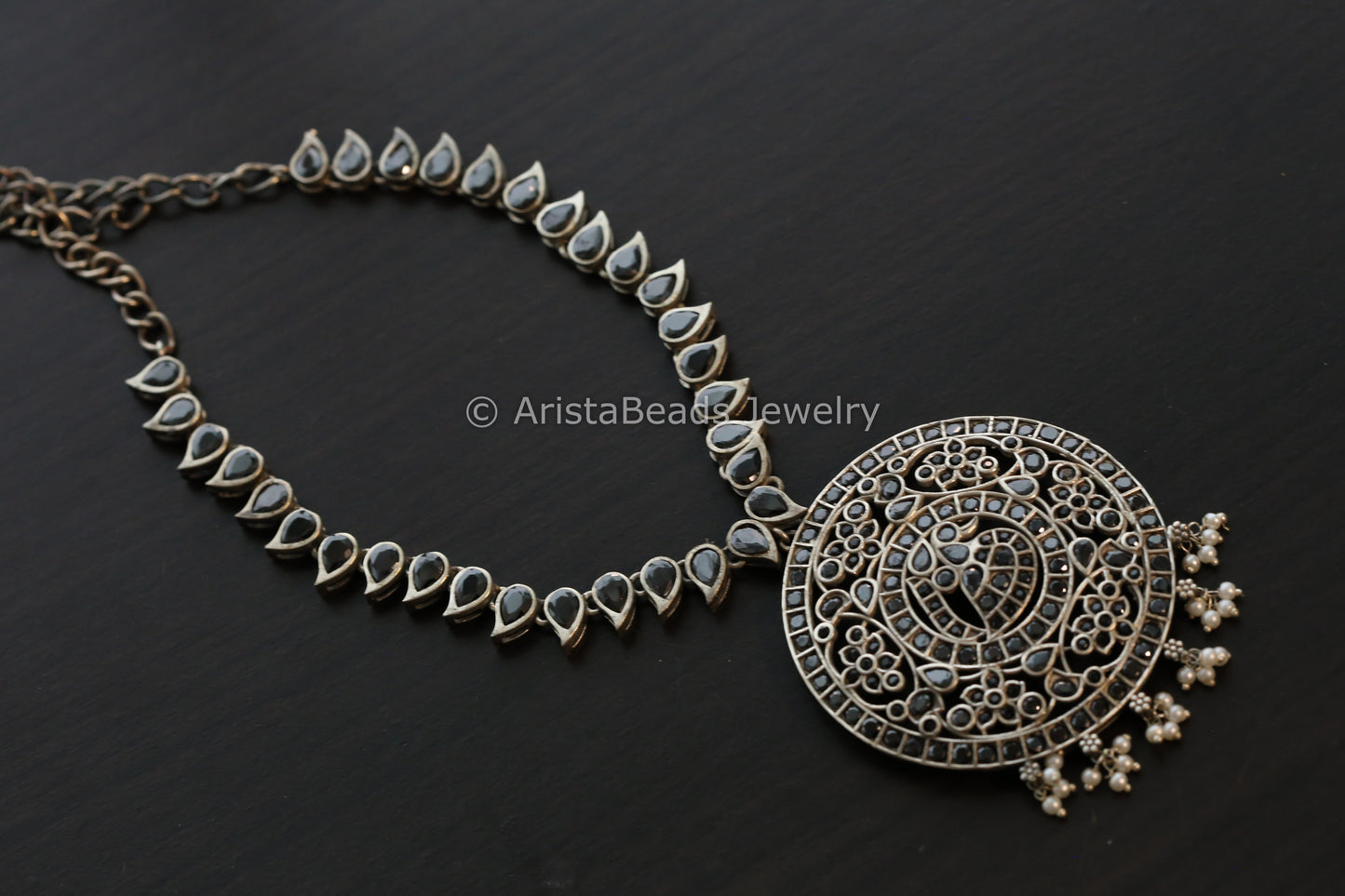 Jadau Look Alike Oxidized CZ Peacock Necklace - Black