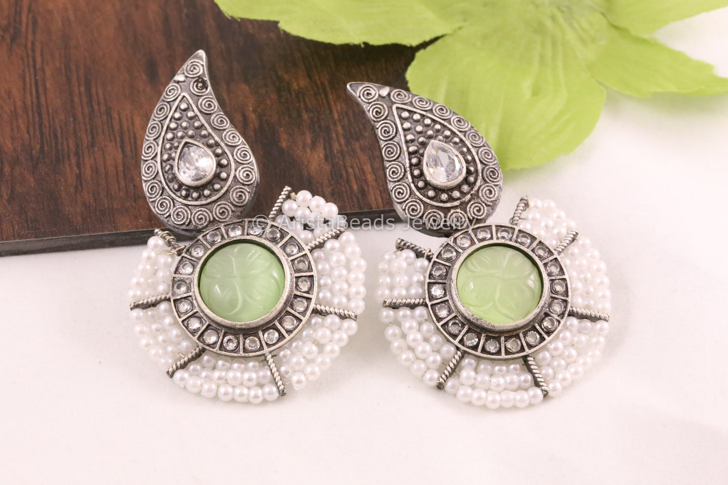 Carved Stone Silver Look Earrings - Green