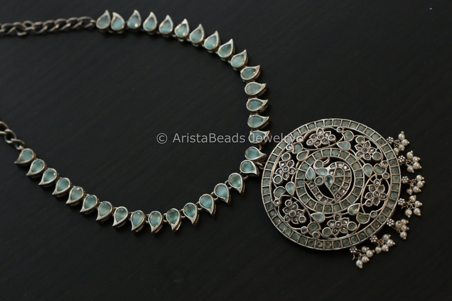 Jadau Look Alike Oxidized CZ Peacock Necklace - Mint