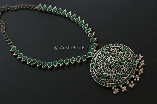 Jadau Look Alike Oxidized CZ Peacock Necklace - Green