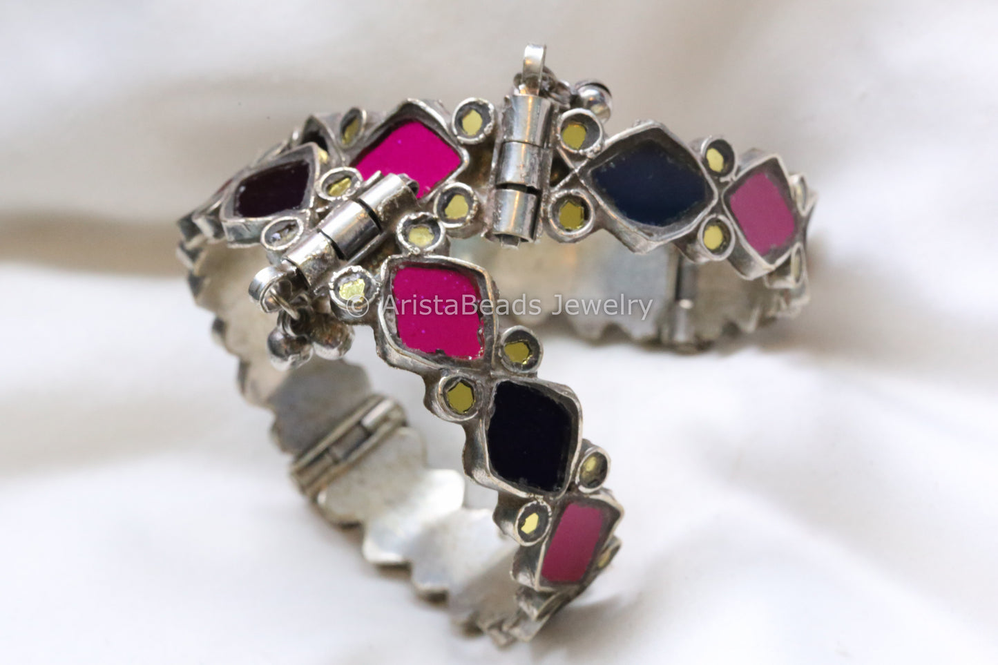 Blue Pink Silver Look Real Glass Bangle Set (Openable)