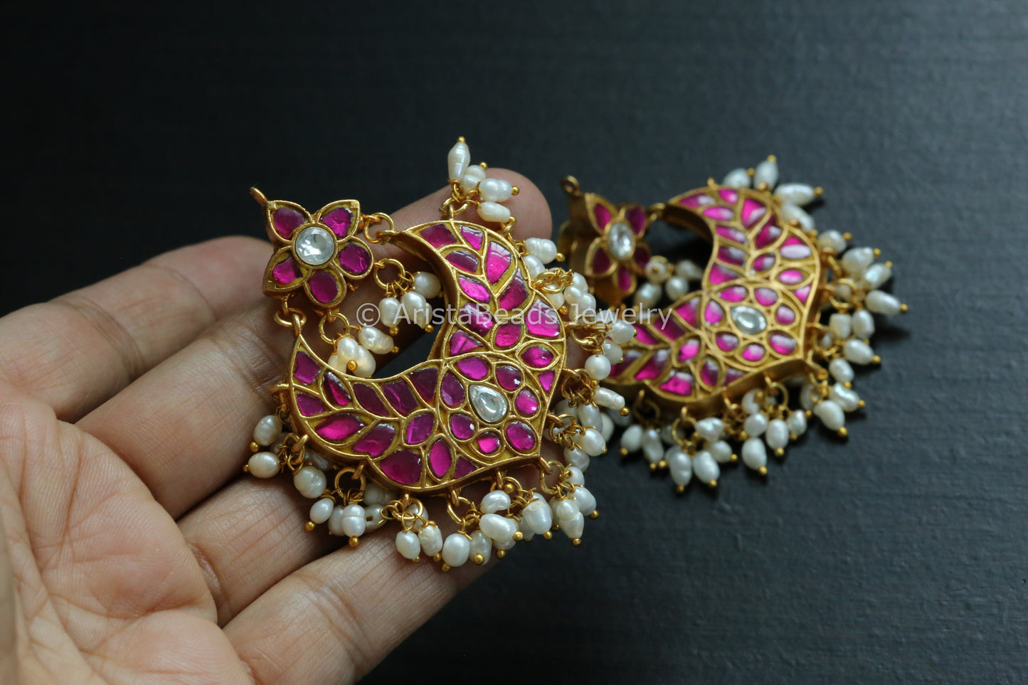 Handmade Jadau Kundan Chandbaali With Rice Pearls