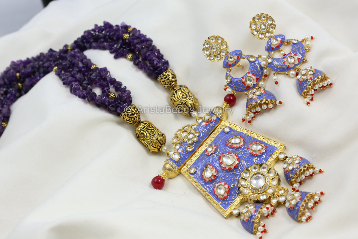 Polki Kundan & Glazed Enamel Amethyst Necklace Set