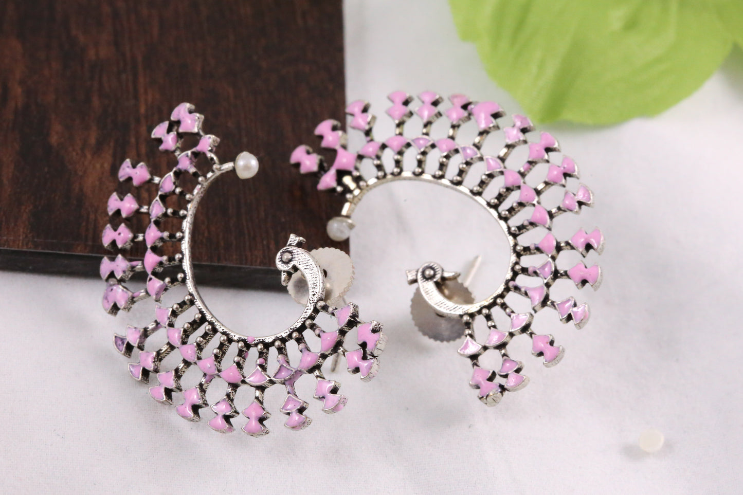 Peacock Enamel Earrings -Pink
