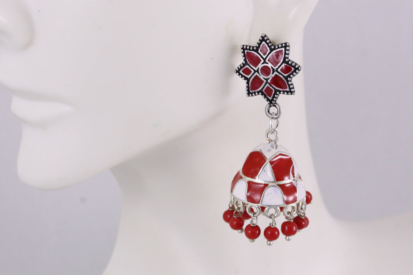 Enamel Jhumka - Red White