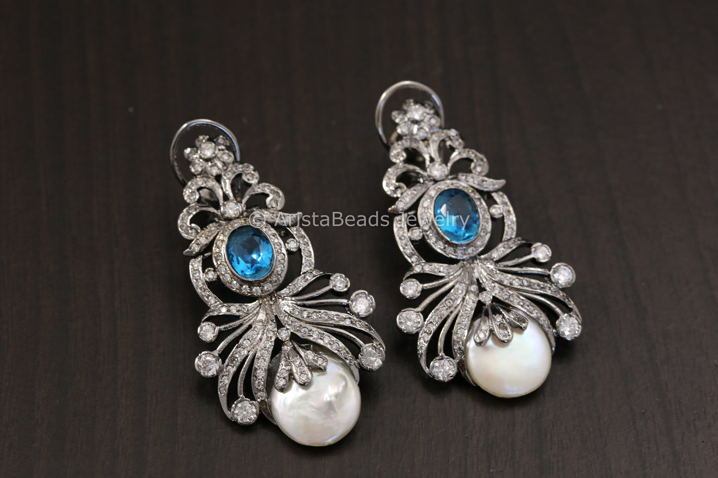Victorian Baroque Pearl Earrings - Sapphire Blue