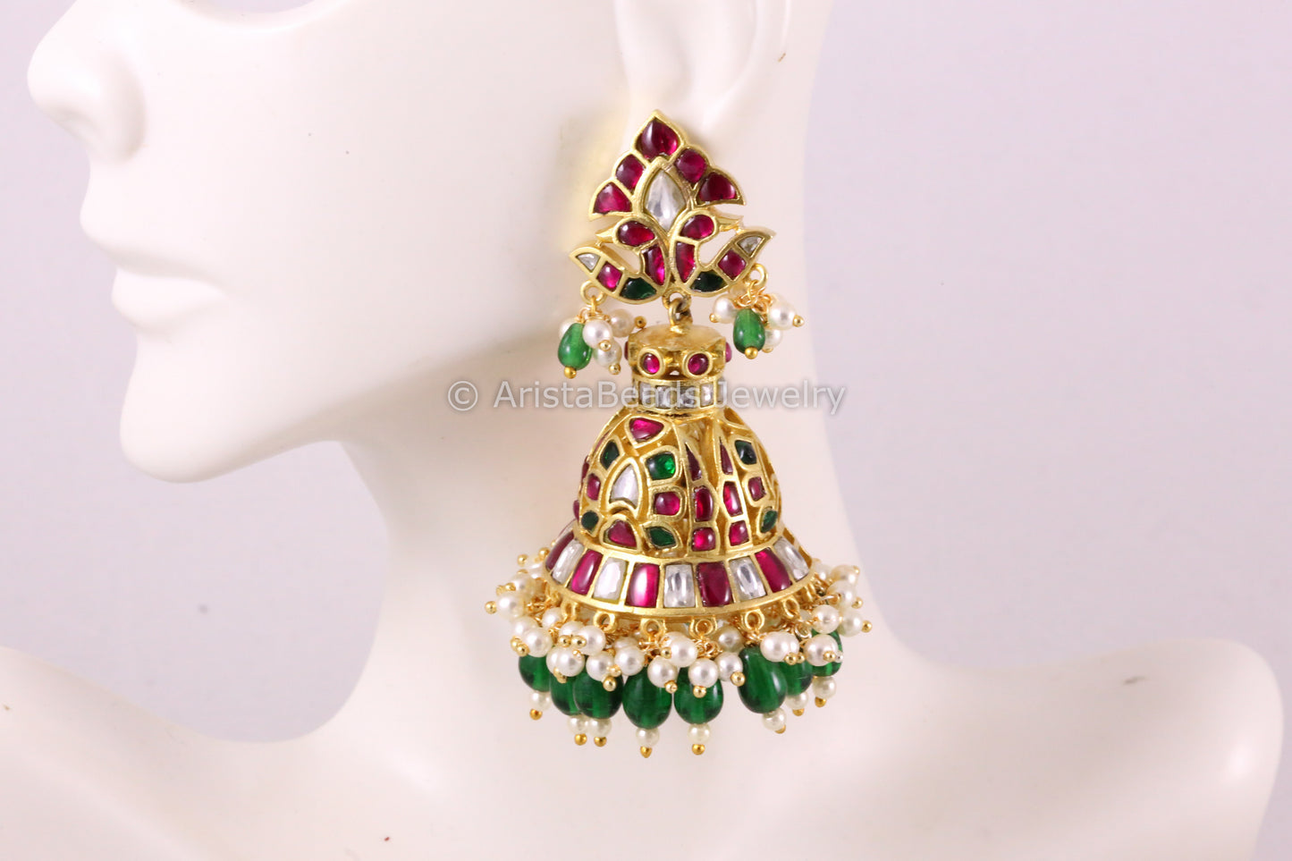 Handmade Jadau Ruby Emerald Kundan Jhumka