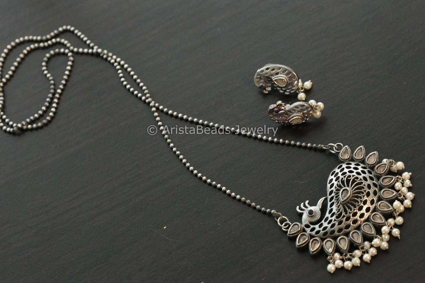 Oxidized Peacock Necklace Set - Peach