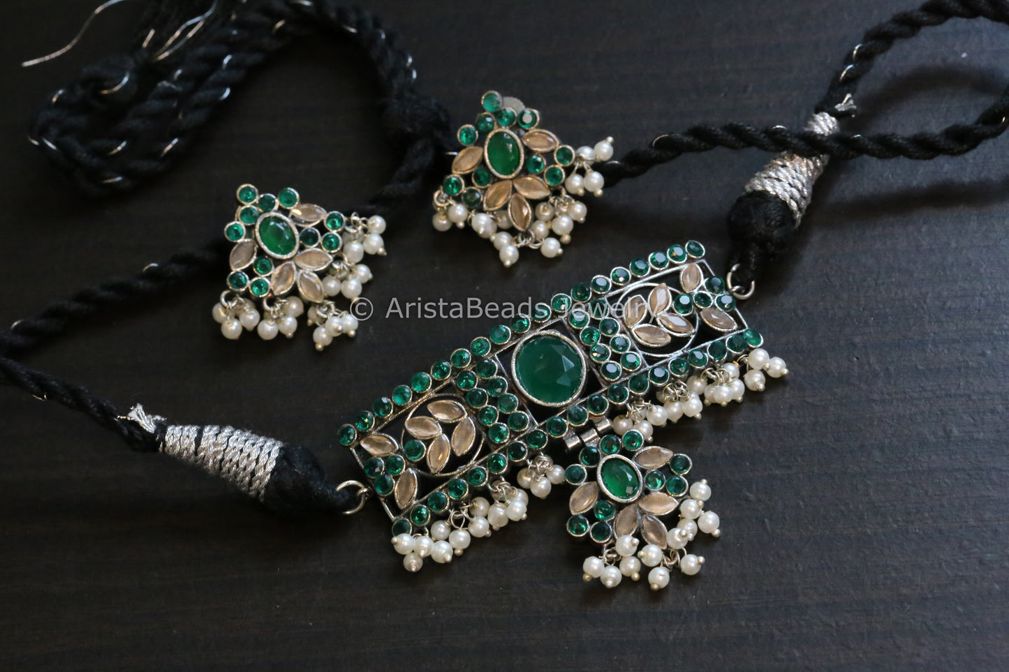Short CZ Choker Set - Green Peach