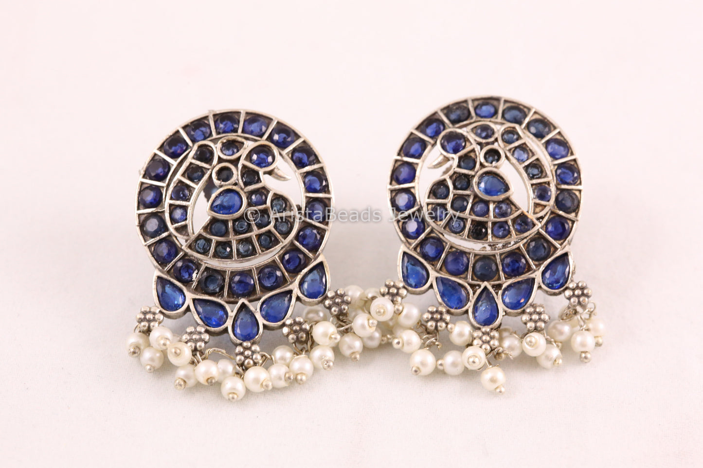 Jadau Look CZ Oxidized Earrings -Blue
