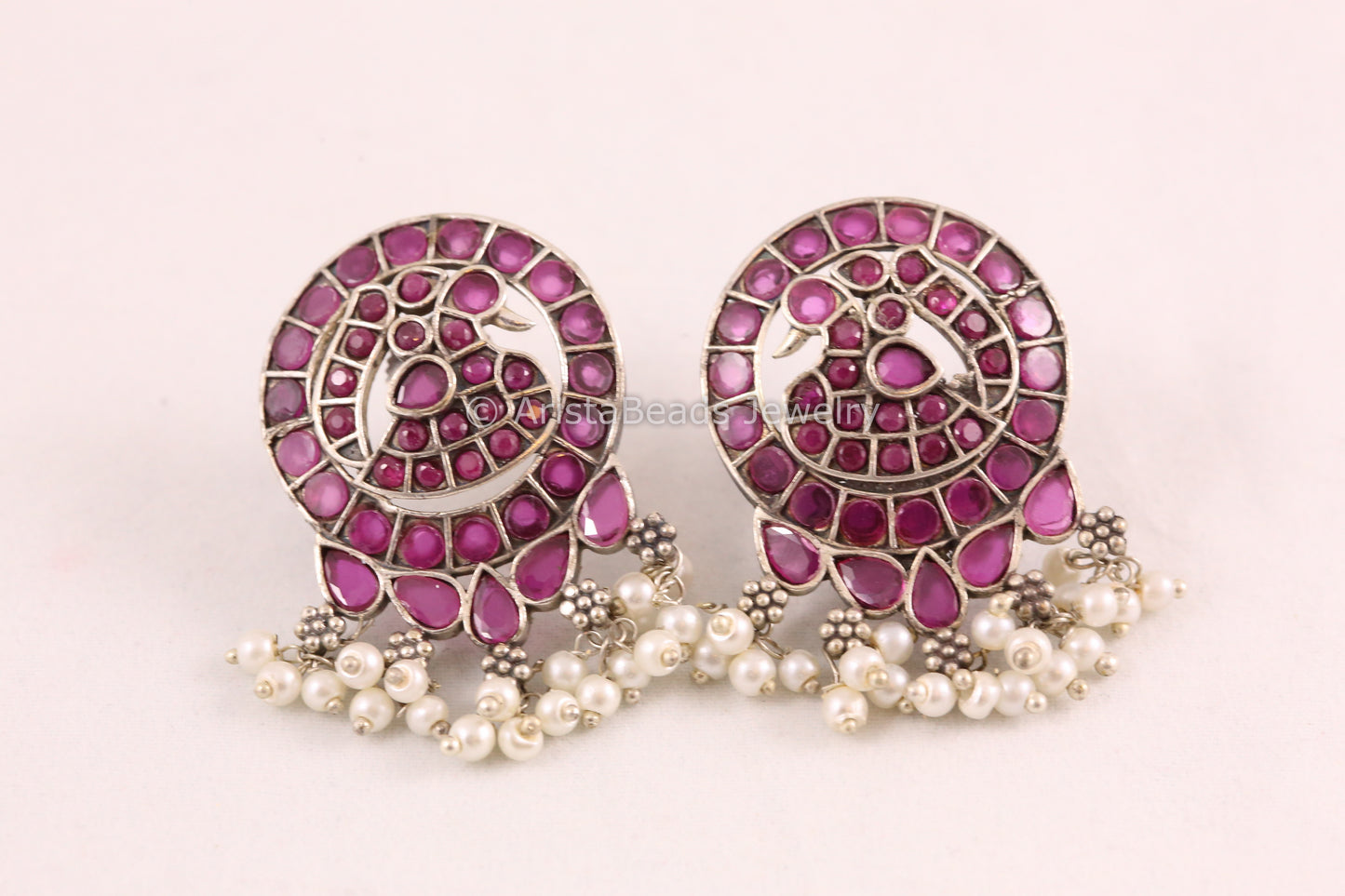 Jadau Look CZ Oxidized Earrings - Ruby