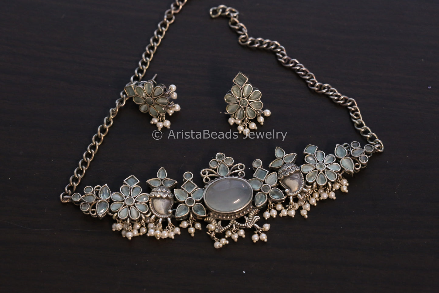 Mint Oxidized Monalisa Stone Choker Set