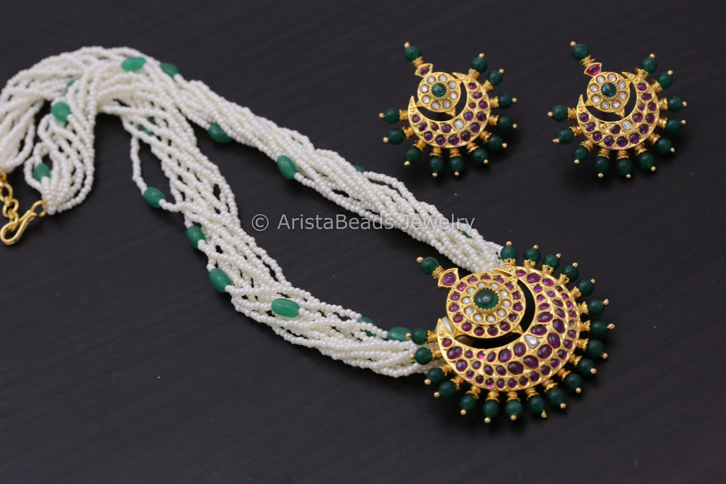 Kemp Stones & Kundan Pendant Set - Ruby Green