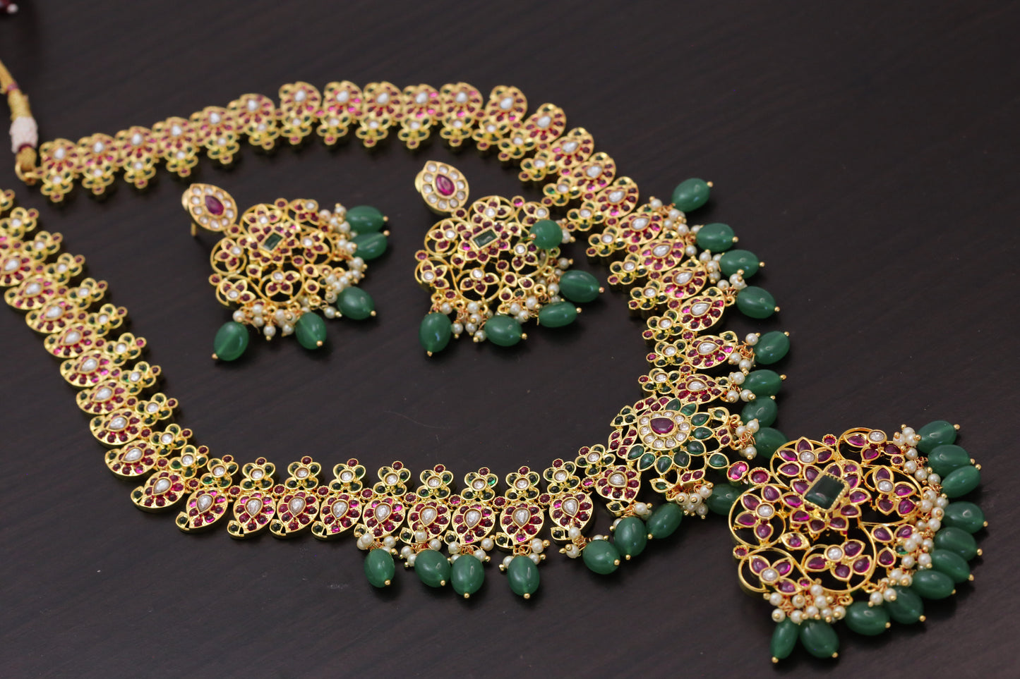 Long Gram Gold Kemp Stone Mango Necklace Set - Ruby