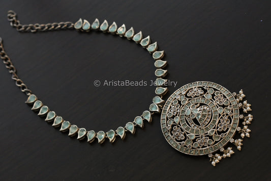 Jadau Look Alike Oxidized CZ Peacock Necklace - Mint