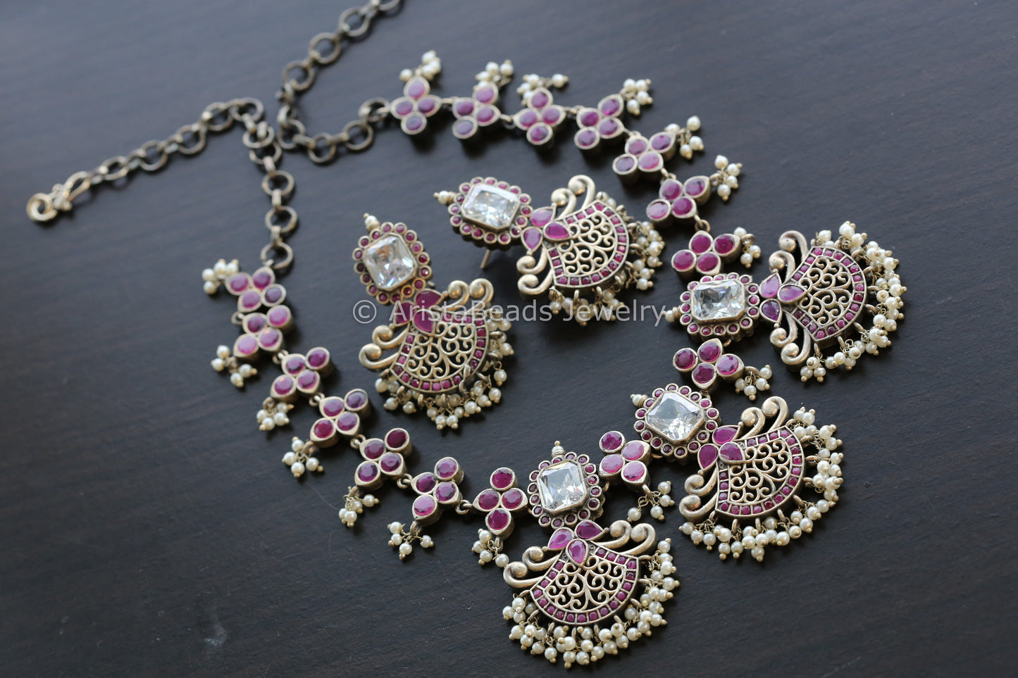 Ruby Silver Look Oxidized Necklace Set