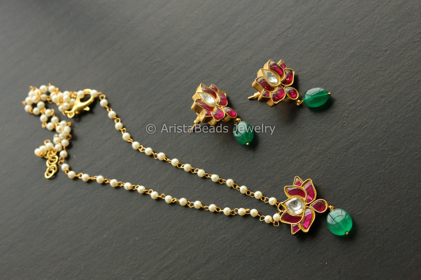Handmade Jadau Lotus Necklace Set