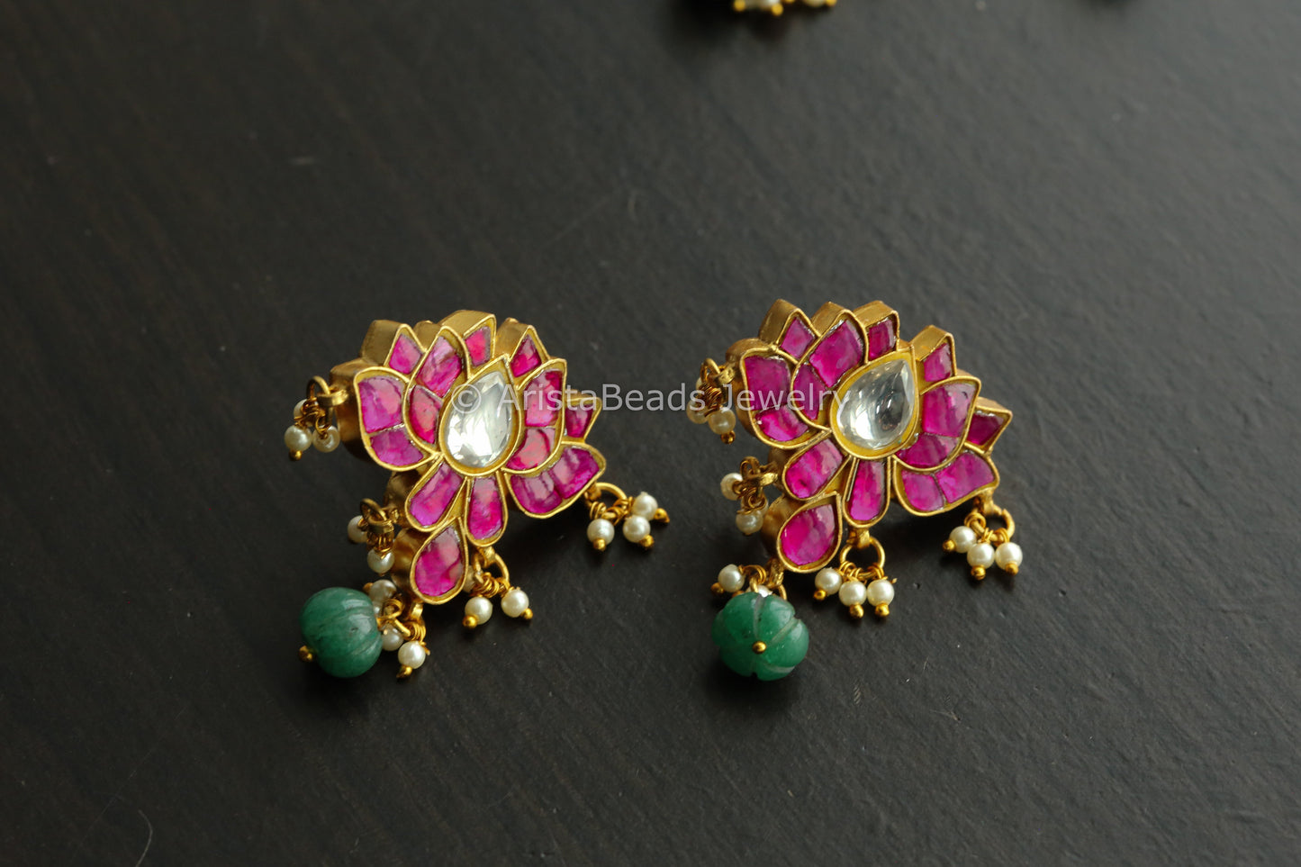Silver Look Kundan Jadau Lotus Earrings - Ruby Clear