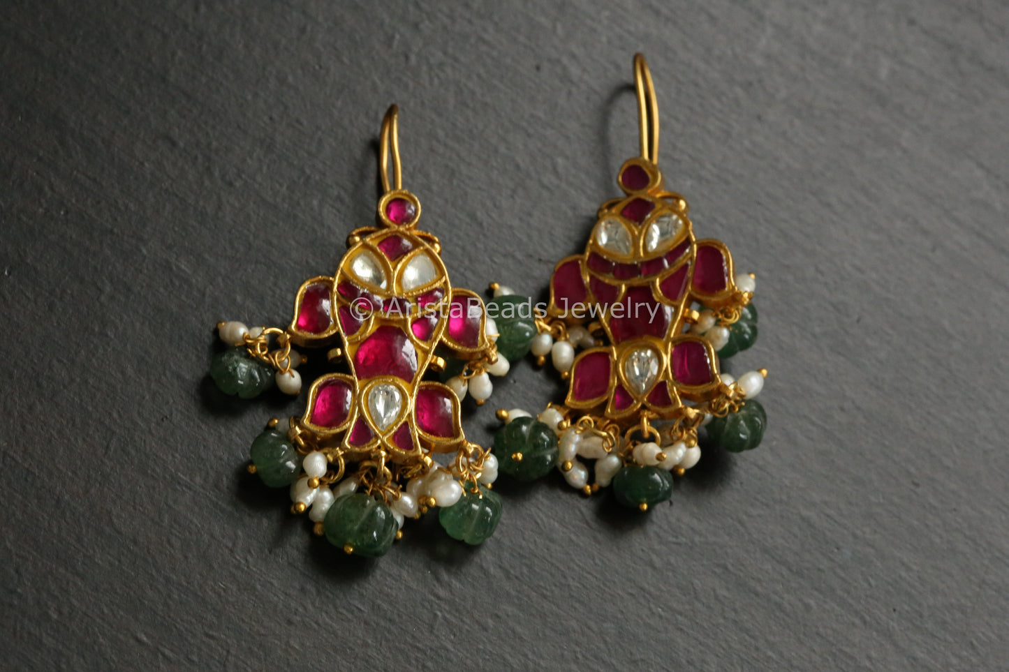 Silver Look Alike Kundan Earrings With Rice Pearls - Ruby