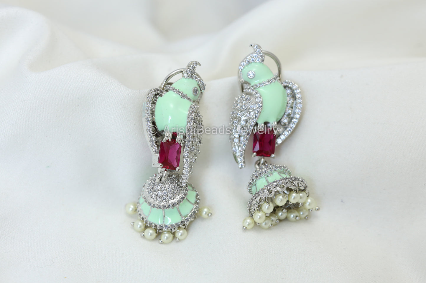 Glazed Enamel Bird Jhumka - Mint