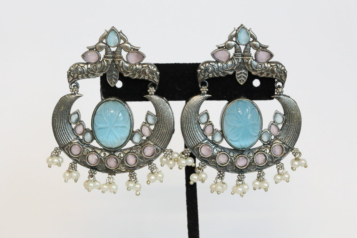 Carved Stone Chandbaali - Ice Blue