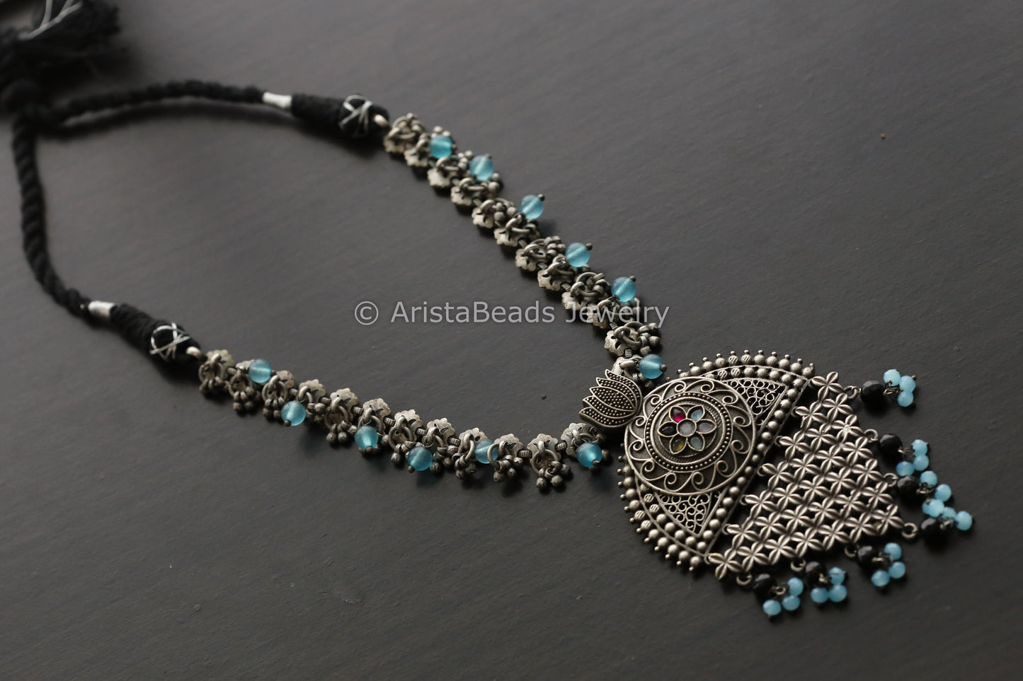 Silver Look Blue Red Necklace