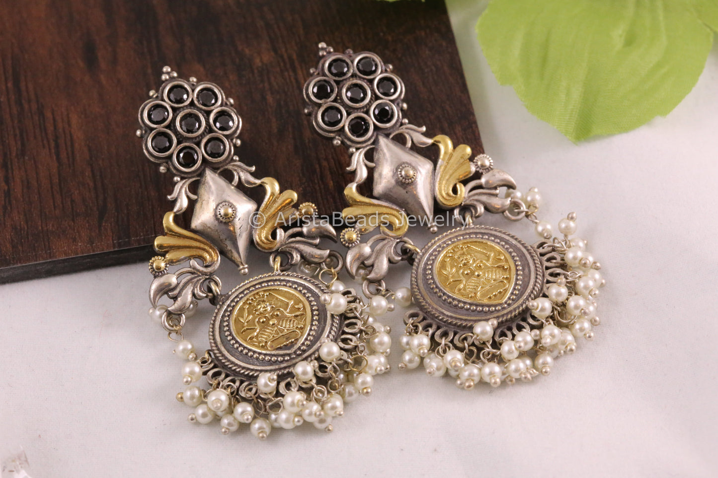 Dual Tone Black Stone Earrings