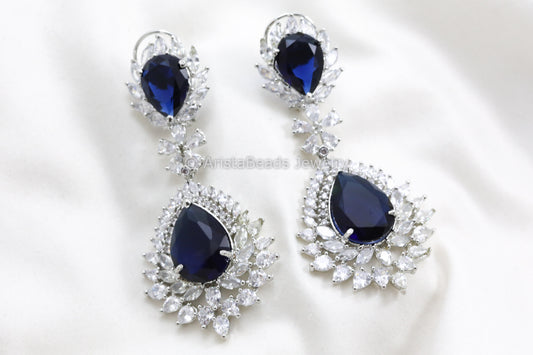 Large Sapphire CZ Earring in Silver Finish