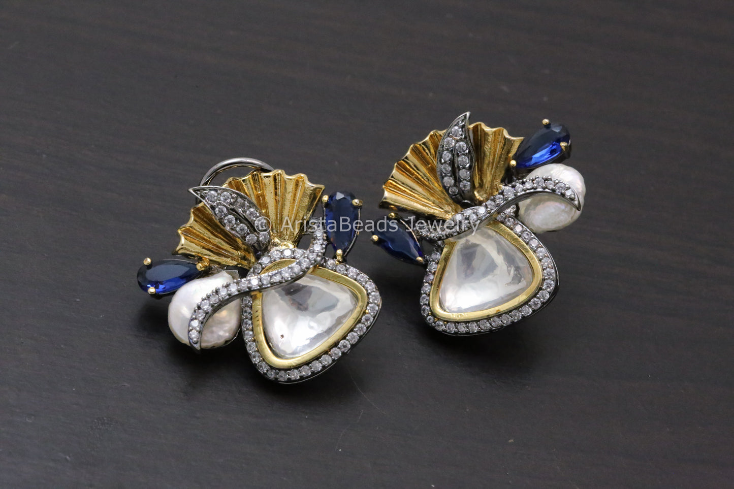 Large Victorian Uncut Polki Baroque Studs - Blue