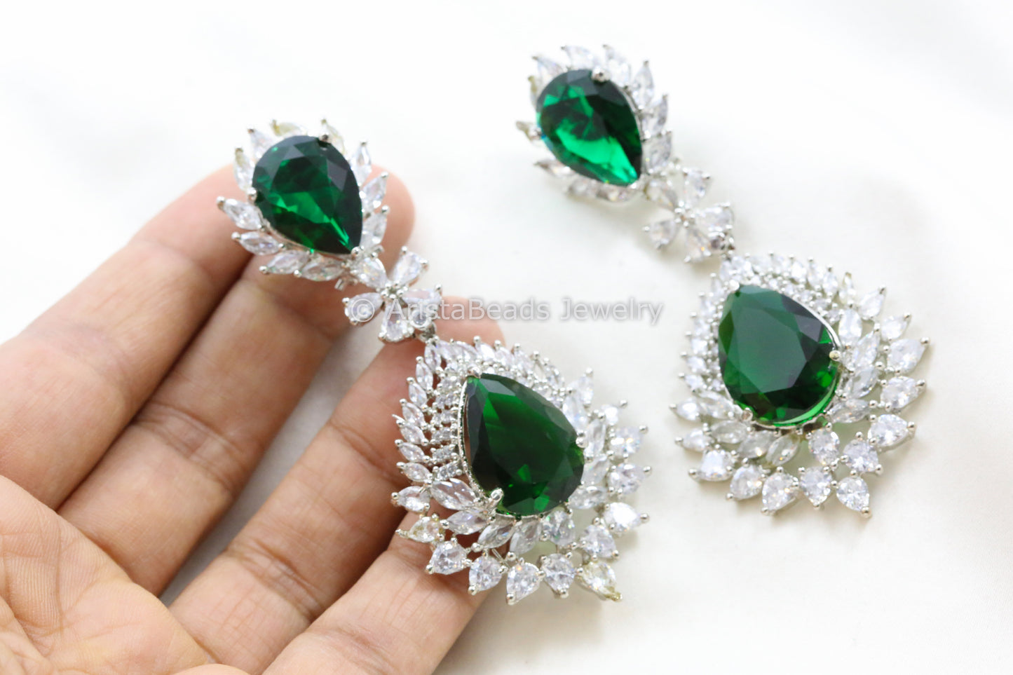 Large Emerald CZ Earring in Silver Finish