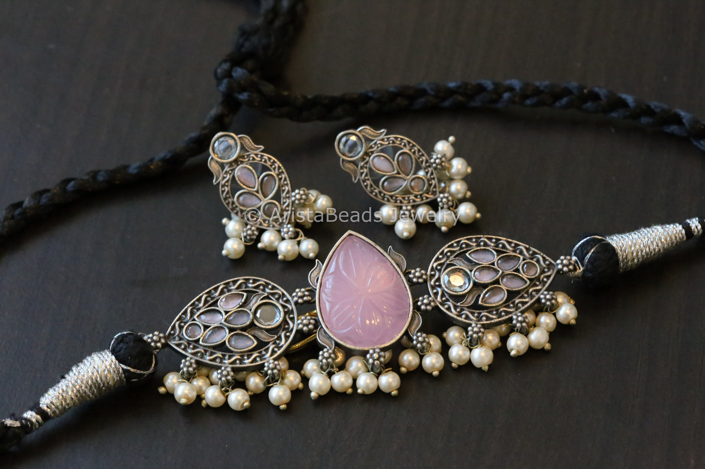 Carved Stone Choker Set - Pink
