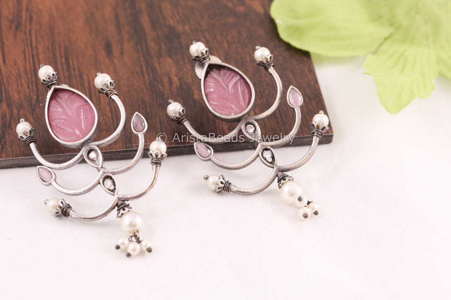 Carved Stone Pink Earrings