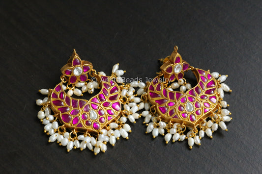 Handmade Jadau Kundan Chandbaali With Rice Pearls